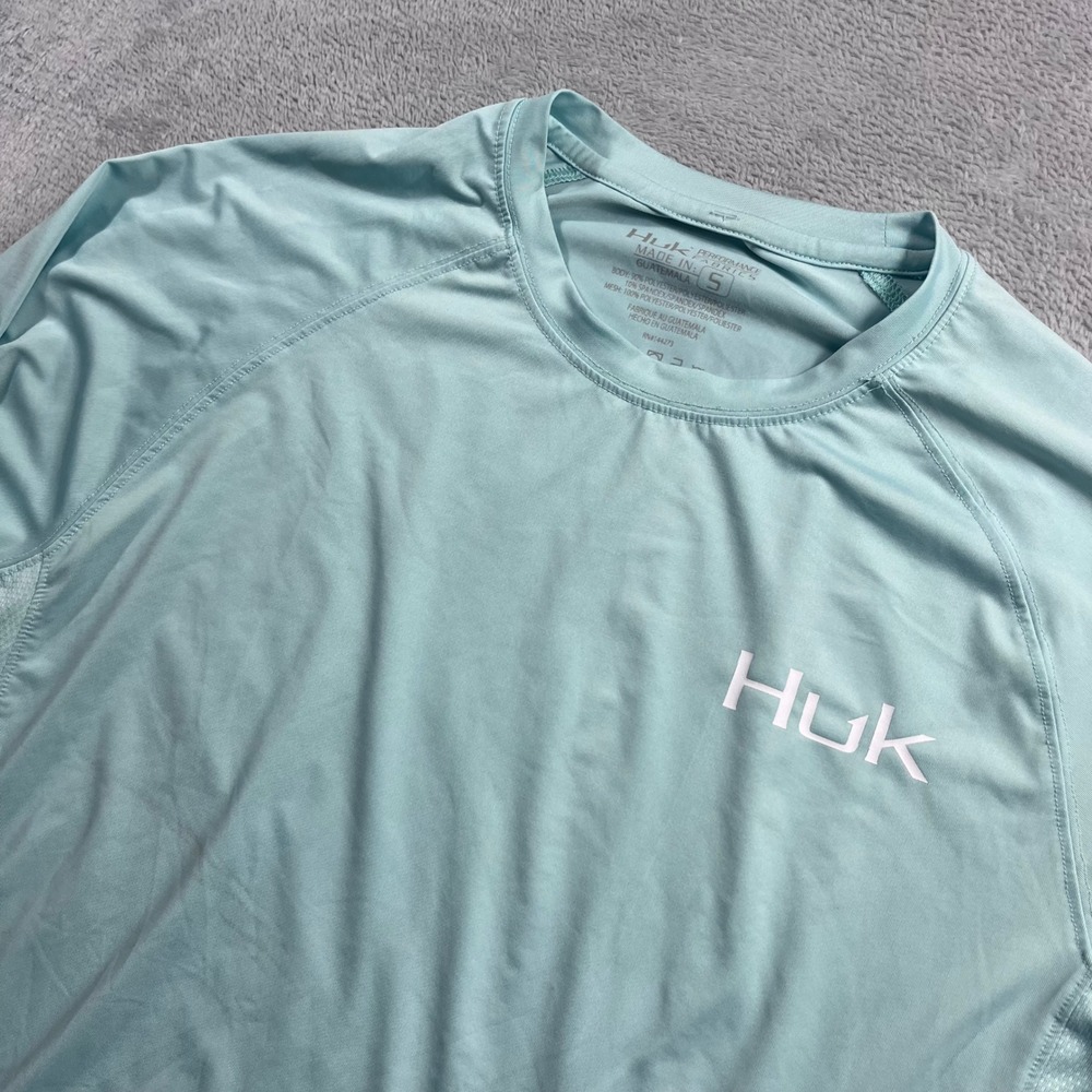 Huk Mens Small Fishing Shirt Long Sleeve Mahi Mahi Graphic Aqua Blue Performance